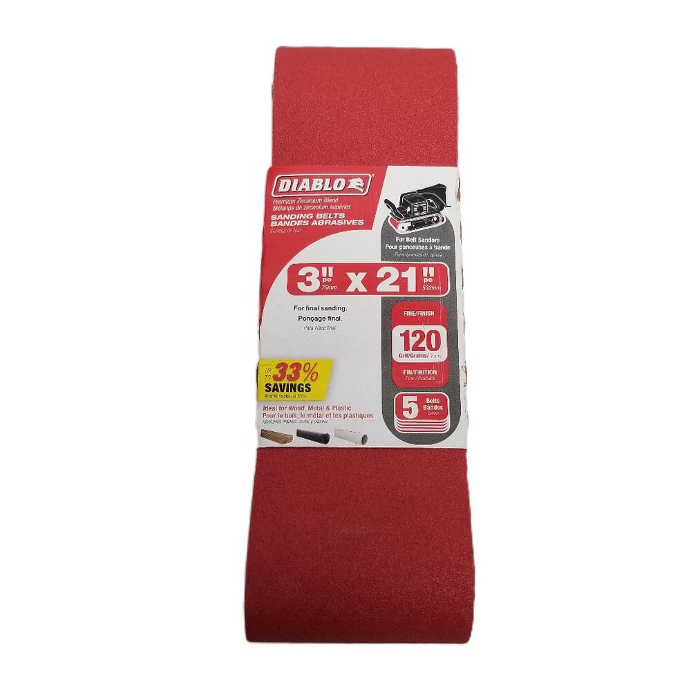 Diablo DCB321120S05G 3x21 120 Grit Zirconium Sanding Belts 5 Pack Fine Finish